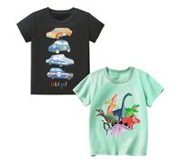 Codkkre T-Shirts à Manches Courtes pour Garçon Lot de 2 Coton T Shirts Imprimé Dinosaure Vêtements d'été pour Enfants, Voiture Gris foncé/Dinosaure Vert, 3 Ans