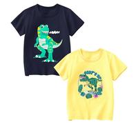 Codkkre T-Shirts à Manches Courtes pour Garçon Lot de 2 Coton T Shirts Imprimé Dinosaure Vêtements d'été pour Enfants, Dino Bleu foncé/Dino Jaune, 8 Ans