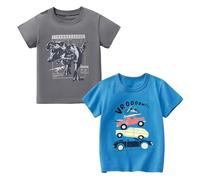 Codkkre T-Shirts à Manches Courtes pour Garçon Lot de 2 Coton T Shirts Imprimé Dinosaure Vêtements d'été pour Enfants, Dino Gris/Voiture Bleu, 4 Ans