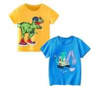 Codkkre T-Shirts à Manches Courtes pour Garçon Lot de 2 Coton T Shirts Imprimé Dinosaure Vêtements d'été pour Enfants, Dino Jaune/Excavatrice Bleu, 6 Ans