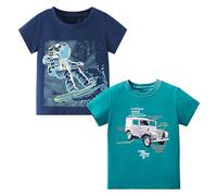 Codkkre T-Shirts à Manches Courtes pour Garçon Lot de 2 Coton T Shirts Imprimé Dinosaure Vêtements d'été pour Enfants, Astronaut Bleu foncé/Voiture Bleu, 7 Ans