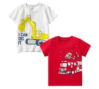 Codkkre T-Shirts à Manches Courtes pour Garçon Lot de 2 Coton T Shirts Imprimé Dinosaure Vêtements d'été pour Enfants, Excavatrice Blanche/Hélicoptère Rouge, 6 Ans