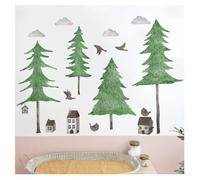 Codulu Autocollants muraux motif forêt de pins et oiseaux pour chambre d'enfant, salon, canapé, arrière-plan TV, décoration murale - A