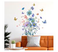 Codulu Stickers muraux Fleurs bleues Plantes Papillons Stickers muraux pour salon, chambre à coucher, canapé, fond TV Décoration murale
