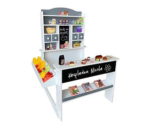 Coemo Magasin Nicola - Poste de travail pour enfants en bois, kiosque avec comptoir, tableau, comptoir latéral et tiroir, stand de marché comme un super cadeau, gris