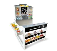 Coemo Pit de magasin en bois avec étiquettes de prix, au choix avec caisse de jeu Linus, accessoires de magasin : sans accessoires de caisse, couleur : gris