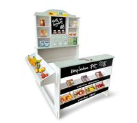 Coemo Pit de magasin en bois avec étiquettes de prix, au choix avec caisse de jeu Linus, accessoires de magasin : sans accessoires de caisse, couleur : vert