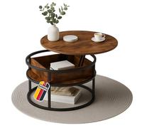 Coemo Table basse Swing marron avec plateau réglable et compartiment de rangement dissimulé, en métal et bois, table d'appoint pour salon, table basse ronde avec espace de rangement, table en métal
