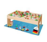 Coemo Table de jeu naturelle avec set de 90 pièces Train en bois, jouet de motricité - avec plateau de table amovible réversible, piste, train, cadeau pour tout-petits, garçons et filles à partir de 3