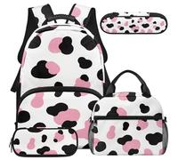 COEQINE Axolotl Lot de 4 sacs à dos avec boîte à déjeuner pour filles de 6 à 12 ans Sac à dos imprimé pour ustensiles scolaires Trousse à crayons, Imprimé Vache Rose Noir Classique