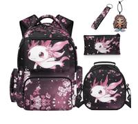 COEQINE Axolotl Lot de 5 sacs à livres avec boîte à déjeuner pour enfants de 3 à 5 ans, pochette à stylos, porte-clés pour cartable, Capybara Beige Orange, M, Décontracté