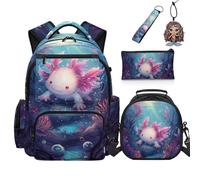 COEQINE Axolotl Lot de 5 sacs à livres avec boîte à déjeuner pour enfants de 3 à 5 ans, pochette à stylos, porte-clés pour cartable, Axolotl Papillon Noir, M, Créateur