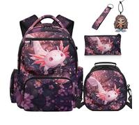 COEQINE Axolotl Lot de 5 sacs à livres avec boîte à déjeuner pour enfants de 3 à 5 ans, pochette à stylos, porte-clés pour cartable, Capybara Fraise Rose Cerise, M, Créateur