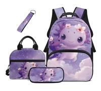 COEQINE Capybara Lot de 4 sacs à dos avec boîte à déjeuner pour filles - Joli sac d'école pour vélo de 1ère année, Axolotl Lavande