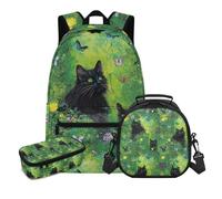 COEQINE Cartable 3 en 1 pour filles 8-10, 10-12, 12-14 ans, sac à dos léger pour garçons avec sac à déjeuner et grand porte-crayons, Papillon chat vert noir