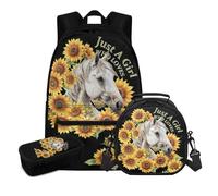 COEQINE Cartable 3 en 1 pour filles 8-10, 10-12, 12-14 ans, sac à dos léger pour garçons avec sac à déjeuner et grand porte-crayons, Cheval de tournesol Just a Girl Who Like