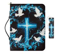 COEQINE Couverture de Bible bleue pour femme - Marque-page en cuir avec motif croix et étui de transport souple - Grande housse de livre élégante avec poignées, sac à main - Cadeau idéal pour les