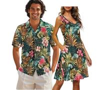 COEQINE Ensemble assorti pour couple - Chemises hawaïennes rouges à motif floral tropical et robe sans manches avec poche et chemise boutonnée pour homme, S à 5XL
