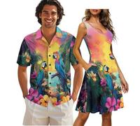 COEQINE Ensemble assorti pour couple - Robe d'été formelle - Perroquet tropical bohème - Imprimé floral - Robe d'été et chemises à manches courtes - XS à 4XL