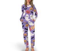 COEQINE Ensemble de pyjama rose d'Halloween pour femme avec manches longues et pantalon long, vêtement de détente doux pour femme, vêtements de nuit 2 pièces, XS-6XL, Joli fantôme violet, XS