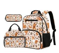 COEQINE Ensemble sac à dos 3 pièces pour enfants garçons avec boîte à déjeuner léger, grande trousse à crayons pour la rentrée scolaire Bleu, Corgi floral mignon