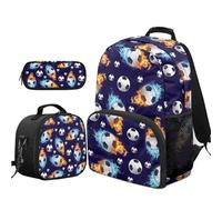 COEQINE Ensemble sac à dos 3 pièces pour garçons et filles avec sac à déjeuner, trousse à crayons, adolescents, école primaire et étudiant, Football Blue Fire