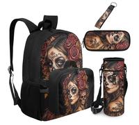 COEQINE Ensemble sac à dos d'école 4 en 1 pour filles avec boîte à déjeuner, sac à dos pour enfants avec porte-bouteille d'eau, trousse à crayons, porte-clés, sac à livres, Cool Sugar Skull Rose
