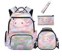 COEQINE Ensemble sac à dos d'école et boîte à déjeuner pour enfants, trousse à crayons, cartable avec porte-clés, sac à dos de voyage 4 pièces, Axolotl Arc-en-ciel rose