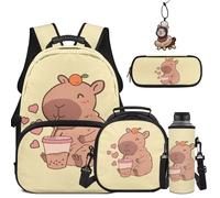 COEQINE Ensemble sac à dos d'école et boîte à déjeuner pour filles de 6 à 14 ans, trousse à crayons, porte-bouteille d'eau, porte-clés 5 pièces, Thé Boba Beige Capybara