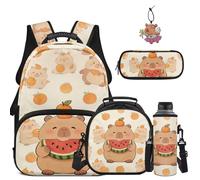 COEQINE Ensemble sac à dos d'école pour filles - Sacs d'école pour enfants - Trousse à crayons de qualité 1 à 3 - Porte-clés et pochette pour bouteille d'eau, Pastèque orange Capybara