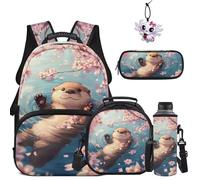 COEQINE Ensemble sac à dos d'école, sac à déjeuner, trousse à crayons, pochette pour bouteille d'eau, porte-clés axolotl, sac d'école primaire 5 pièces, Blue Otter Cherry Blossom
