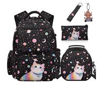 COEQINE Ensemble sac à dos et boîte à déjeuner pour filles avec trousse à crayons, porte-clés pour sac à livres élémentaire pour pique-nique 5 pièces, Chat arc-en-ciel espace noir, M, Créateur