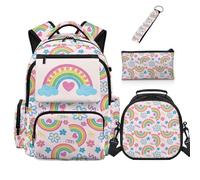 COEQINE Ensemble sac à dos et boîte à déjeuner pour filles avec trousse à crayons, porte-clés pour sac à livres élémentaire pour pique-nique 5 pièces, Pastel arc-en-ciel, M, Décontracté