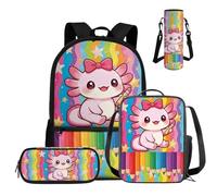 COEQINE Ensemble sac à dos pour enfants de 3e à 4e année, sac à dos d'école 4 pièces avec boîte à déjeuner, trousse à crayons et pochette pour bouteille d'eau, Axolotl Stylo rayé arc-en-ciel, M