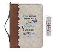 COEQINE Étui de bible en cuir bleu avec motif papillon pour adolescentes, étui de voyage étanche pour marque-page avec protecteur de marque-page « When You Go Through Deep Waters I Will Be with You