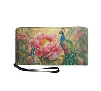 COEQINE Grand porte-cartes de crédit pour femme en cuir avec longue fermeture éclair et dragonne pour anniversaire, Paon esthétique, Décontracté