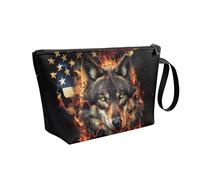 COEQINE Grande trousse de maquillage de voyage imperméable en cuir avec fermeture éclair pour femme, Drapeau américain Cool Wolf Animal Fire, Trousse de toilette