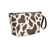 COEQINE Grande trousse de maquillage de voyage pour femme en cuir synthétique imperméable avec fermeture éclair et poignée zippée, Imprimé vache marron, Trousse de toilette