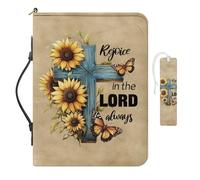 COEQINE Housse de bible en cuir avec poignées pour filles de 8 à 12 ans - Motif tournesol - Taille XL - Inscription « Rejoice in The Lord Always » - Sac d'église - Étui de transport pour livre
