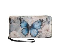 COEQINE Joli portefeuille en cuir pour femme avec porte-cartes fin et poche zippée pour pièces de monnaie, Papillon bleu et rose, Décontracté