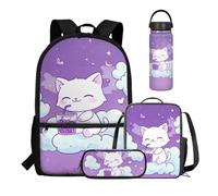 COEQINE Joli sac à dos pour filles avec boîte à déjeuner et bouteille d'eau, lot de 4 sacs de voyage légers pour enfants de 4, 6, 8, Lait Boba Lune Chat Violet