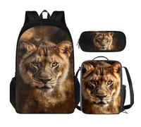 COEQINE Lot de 3 sacs à dos cool pour enfants, garçons, cartables, boîte à déjeuner, grande boîte à crayons, sac d'école pour tout-petits de 4, 6, 8, 10 ans, Lion 3D Animal
