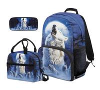 COEQINE Lot de 3 sacs à dos et boîte à déjeuner pour garçons - Sac à dos léger et cool pour tout-petits - Grand sac d'école pour enfants de 4 à 6 ans, Blue Wolf Under Moon