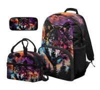 COEQINE Lot de 3 sacs à dos et boîte à déjeuner pour garçons - Sac à dos léger et cool pour tout-petits - Grand sac d'école pour enfants de 4 à 6 ans, Espace loup arc-en-ciel