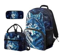 COEQINE Lot de 3 sacs à dos et boîte à déjeuner pour garçons - Sac à dos léger et cool pour tout-petits - Grand sac d'école pour enfants de 4 à 6 ans, Animal loup bleu