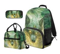 COEQINE Lot de 3 sacs à dos et boîte à déjeuner pour garçons - Sac à dos léger et cool pour tout-petits - Grand sac d'école pour enfants de 4 à 6 ans, Vert loup fluo