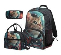 COEQINE Lot de 3 sacs à dos et boîte à déjeuner pour garçons - Sac à dos léger et cool pour tout-petits - Grand sac d'école pour enfants de 4 à 6 ans, Astronaute chat