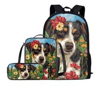 COEQINE Lot de 3 sacs à dos pour enfant avec sac à déjeuner, trousse à crayons, sac d'école, sac à dos, sac à dos, sac de voyage, plein air, Beagles Floral, Taille unique