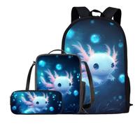 COEQINE Lot de 3 sacs à dos pour enfant avec sac à déjeuner, trousse à crayons, sac d'école, sac à dos, sac à dos, sac de voyage, plein air, Animal de l'océan Axolotl bleu, Taille unique