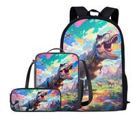 COEQINE Lot de 3 sacs à dos pour enfant avec sac à déjeuner, trousse à crayons, sac d'école, sac à dos, sac à dos, sac de voyage, plein air, Dinosaure cool, Taille unique